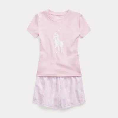 Polo Ralph Lauren Kids' Big Pony Cotton & Flannel Sleep Set In White/carmel Pink