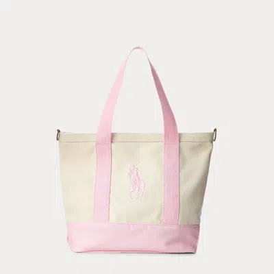 Polo Ralph Lauren Kids' Big Pony Cotton Canvas Tote In White/carmel Pink