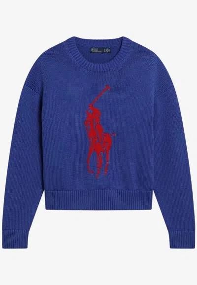 Polo Ralph Lauren Logo Intarsia Sweater Crew Neck Knit In Blue