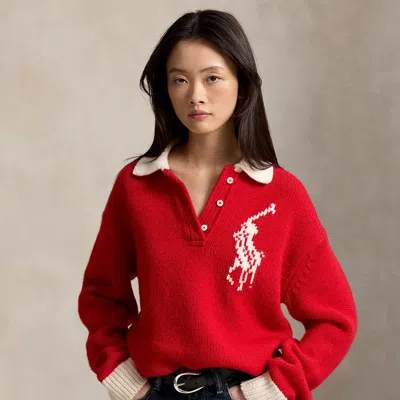 Polo Ralph Lauren Big Pony Wool Rugby Sweater In Rl Red/cream