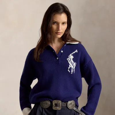 Polo Ralph Lauren Big Pony Wool Rugby Sweater In Royal/cream