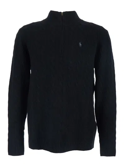 Polo Ralph Lauren Black Cable Knit Jumper With Half Zip Closure And Pony Embroidery On The Front In Wool And Cashmere
