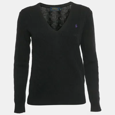 Pre-owned Polo Ralph Lauren Black Cable Knit V-neck Sweater M