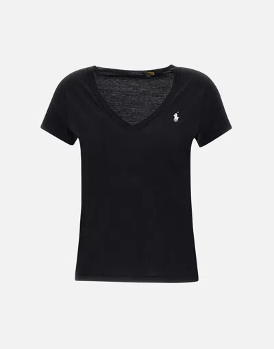 Polo Ralph Lauren Black Cotton V Neck T Shirt Embroidered Logo