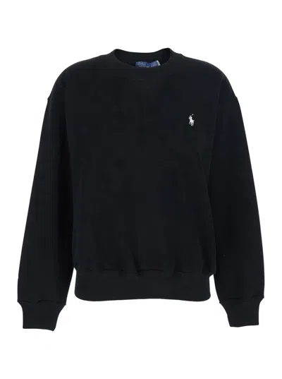 Polo Ralph Lauren Black Crew Neck Sweatshirt With Dropped Shoulders And Embroidered Pony On The Front In Cotton Blend 