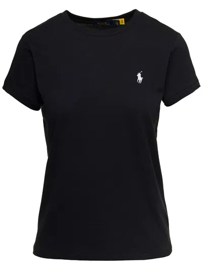 Polo Ralph Lauren Black Crewneck T-shirt With Contrasting Logo Embrodery In Cotton Woman