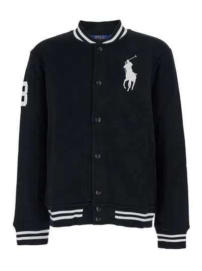 Polo Ralph Lauren Black Jacket With Maxi Pony On The Front And Numerical Detail On The Sleeve In Cotton Blend Man In Blue