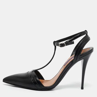 Pre-owned Polo Ralph Lauren Black Leather And Patent Leather Ankle Strap Pumps Size 37