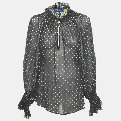 Pre-owned Polo Ralph Lauren Black Polka Dot Georgette Sheer Blouse L