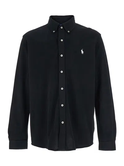 POLO RALPH LAUREN BLACK SHIRT WITH BUTTON-DOWN COLLAR AND PONY EMBROIDERY ON THE FRONT IN COTTON PIQUET MAN