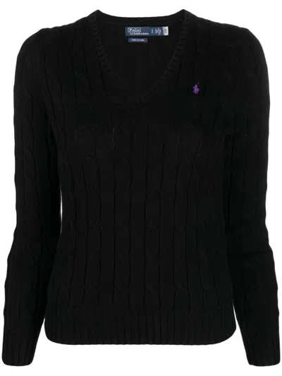 Polo Ralph Lauren Black V-neck Sweater With Embroidered