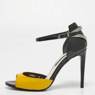 Pre-owned Polo Ralph Lauren Black/yellow Patent Leather Ankle Strap Sandals Size 36