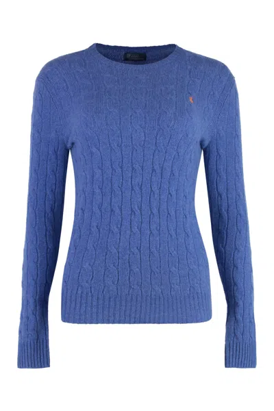 POLO RALPH LAUREN BLU PORTO MELANGE WOOL AND CASHMERE BRAIDED SWEATER