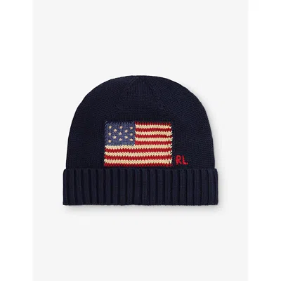 Polo Ralph Lauren Kids' Blue Boys' Flag-intarsia Cotton-knit Beanie Hat L/xl