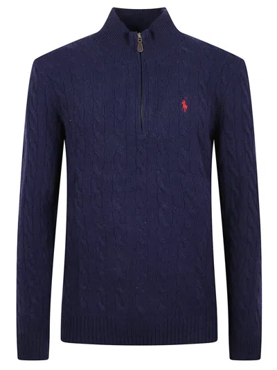 POLO RALPH LAUREN BLUE CABLE-KNIT CASHMERE BLEND SWEATER WITH HIGH COLLAR