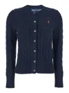 Polo Ralph Lauren Blue Cable Knit Crewneck Cardigan With Pony Embroidery On The Front In Cotton Woman In Blue