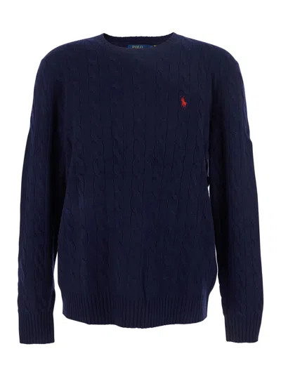 Polo Ralph Lauren Blue Cable Knit Crewneck Sweater With Pony Embroidery On The Front In Wool And Cashmere Man