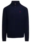 Polo Ralph Lauren Blue Cable-knit Sweater With Zip And Pony Embroidery In Wool And Cashmere Man