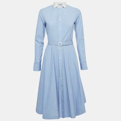Pre-owned Polo Ralph Lauren Blue Cotton Button Front Belted Dress S