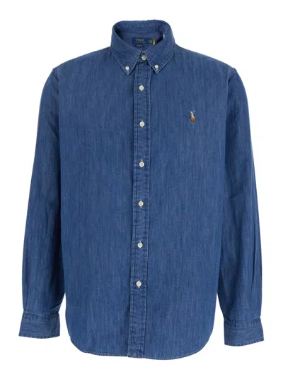 Polo Ralph Lauren Custom Fit Blue Shirt With Pony Embroidery On The Front In Denim Man