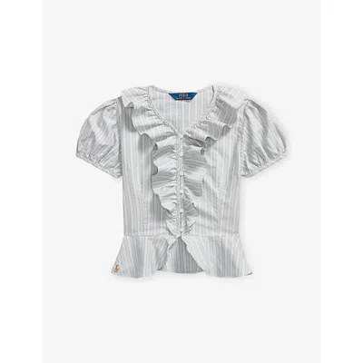 Polo Ralph Lauren Kids' Blue Cream Girls' Striped Ruffled Cotton Shirt