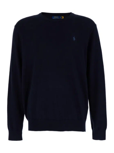 Polo Ralph Lauren Blue Crew Neck Pullover In Cotton And Cashmere