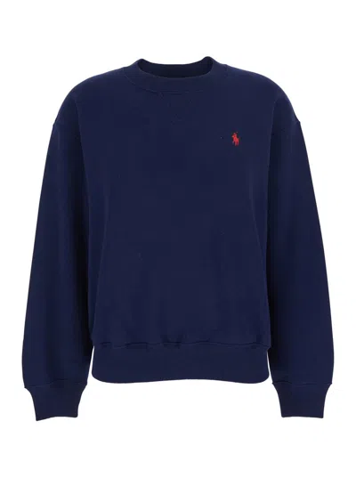 Polo Ralph Lauren Blue Crew Neck Sweatshirt With Dropped Shoulders And Embroidered Pony On The Front In Cotton Blend W