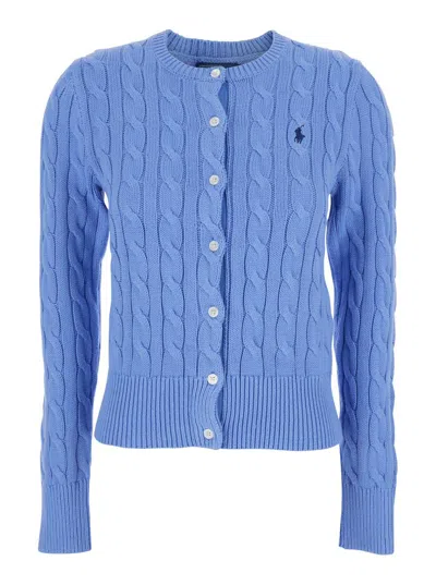 Polo Ralph Lauren Blue Crewneck Cable Knit Cardigan With Pony Embroidery On The Front In Cotton Woman