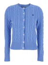 Polo Ralph Lauren Blue Crewneck Cable Knit Cardigan With Pony Embroidery On The Front In Cotton Woman In Blue