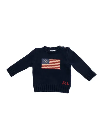 Polo Ralph Lauren Blue Crewneck Sweater With Embroidery On The Front And Button Closure On The Sleeve In Cotton Baby In Black