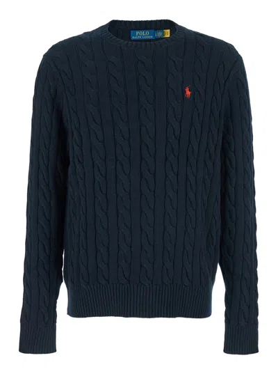 Polo Ralph Lauren Blue Crewneck Sweater With Pony Embroidery On The Front And Woven Knit