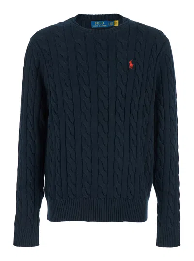 Polo Ralph Lauren Blue Crewneck Sweater With Pony Embroidery On The Front And Woven Knit In Cotton Man