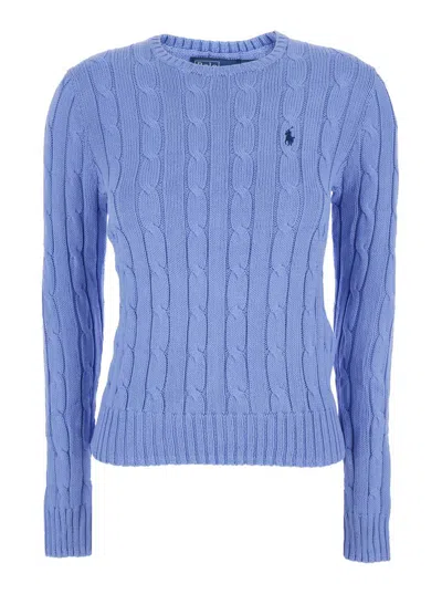 POLO RALPH LAUREN BLUE CREWNECK SWEATER WITH PONY EMBROIDERY ON THE FRONT IN COTTON WOMAN