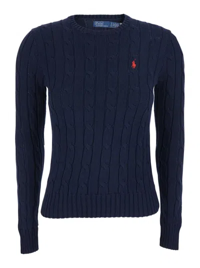Polo Ralph Lauren Blue Crewneck Sweater With Pony Embroidery On The Front In Cotton Woman