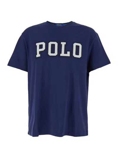 Polo Ralph Lauren Blue Crewneck T-shirt With Logo Lettering On The Fornt And Pony Embroidery On The Front In Cotton Ma