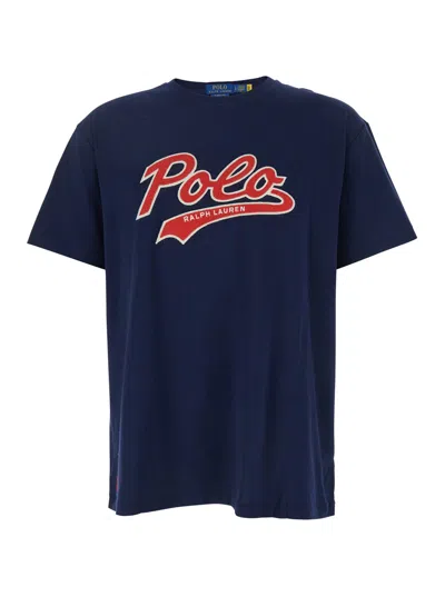 Polo Ralph Lauren Blue Crewneck T-shirt With Logo Print On The Front In Cotton Man