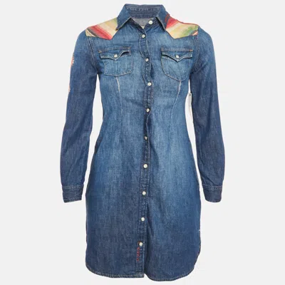 Pre-owned Polo Ralph Lauren Blue Embroidered Denim Shirt Dress Xs