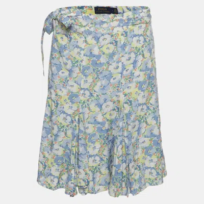 Pre-owned Polo Ralph Lauren Blue Floral Print Crepe Mini Wrap Skirt Xl