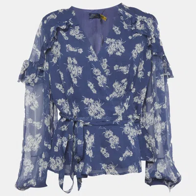 Pre-owned Polo Ralph Lauren Blue Floral Print Crepe Ruffled Blouse Xl