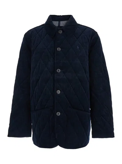 Polo Ralph Lauren Blue Jacket With Classic Collar And Pony Embroidery On The Front In Quilted Corduroy Man