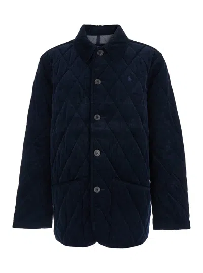 POLO RALPH LAUREN BLUE JACKET WITH CLASSIC COLLAR AND PONY EMBROIDERY ON THE FRONT IN QUILTED CORDUROY MAN