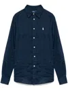 Polo Ralph Lauren Blue Linen Shirt With Embroidered Pony Logo In Blue