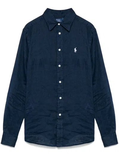 Polo Ralph Lauren Blue Linen Shirt With Embroidered Pony Logo