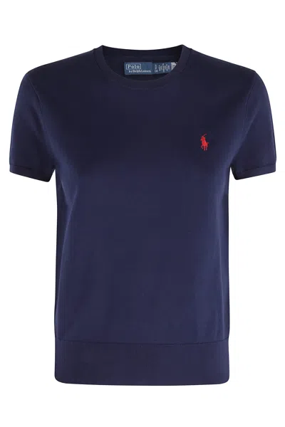 Polo Ralph Lauren Blue Logo Short-sleeve Ribbed Cotton-blend Knit Tops In Black