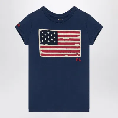 POLO RALPH LAUREN BLUE NAVY COTTON CREW-NECK T-SHIRT WITH FLAG PATCH