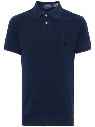 POLO RALPH LAUREN BLUE POLO SHIRT WITH LARGE PONY DETAIL ON THE FRONT