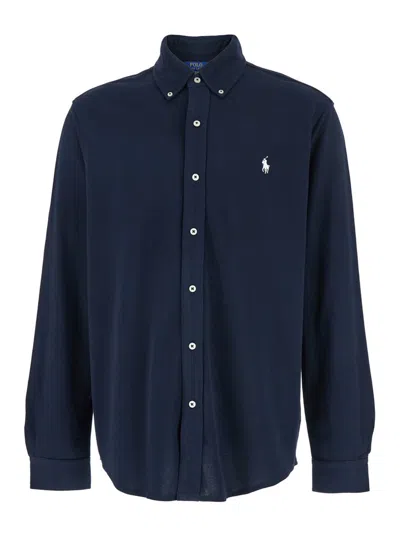 POLO RALPH LAUREN BLUE SHIRT WITH BUTTON-DOWN COLLAR AND PONY EMBROIDERY ON THE FRONT IN COTTON PIQUET MAN