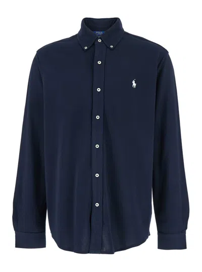 Polo Ralph Lauren Blue Shirt With Button-down Collar And Pony Embroidery On The Front In Cotton Man In Blue 1