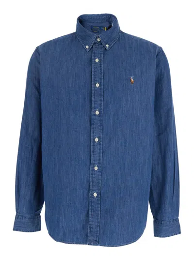POLO RALPH LAUREN 'CUSTOM FIT' BLUE SHIRT WITH PONY EMBROIDERY ON THE FRONT IN DENIM MAN