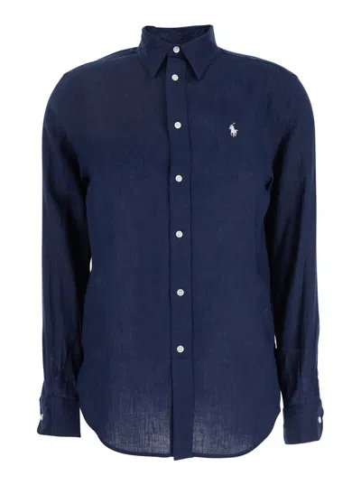 Polo Ralph Lauren Blue Shirt With Pony Detail On The Front In Linen Woman In Newport Navy